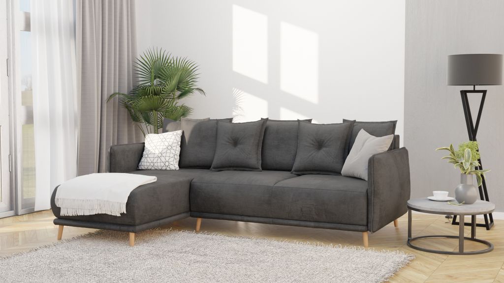 S-STYLE MÖBEL-Radiant - Ecksofa mit Schlaffunktion und Bettkasten in scandinavischem Design mit Holzfüßen aus Graphit Luxusmicrofaser - Ottomane...