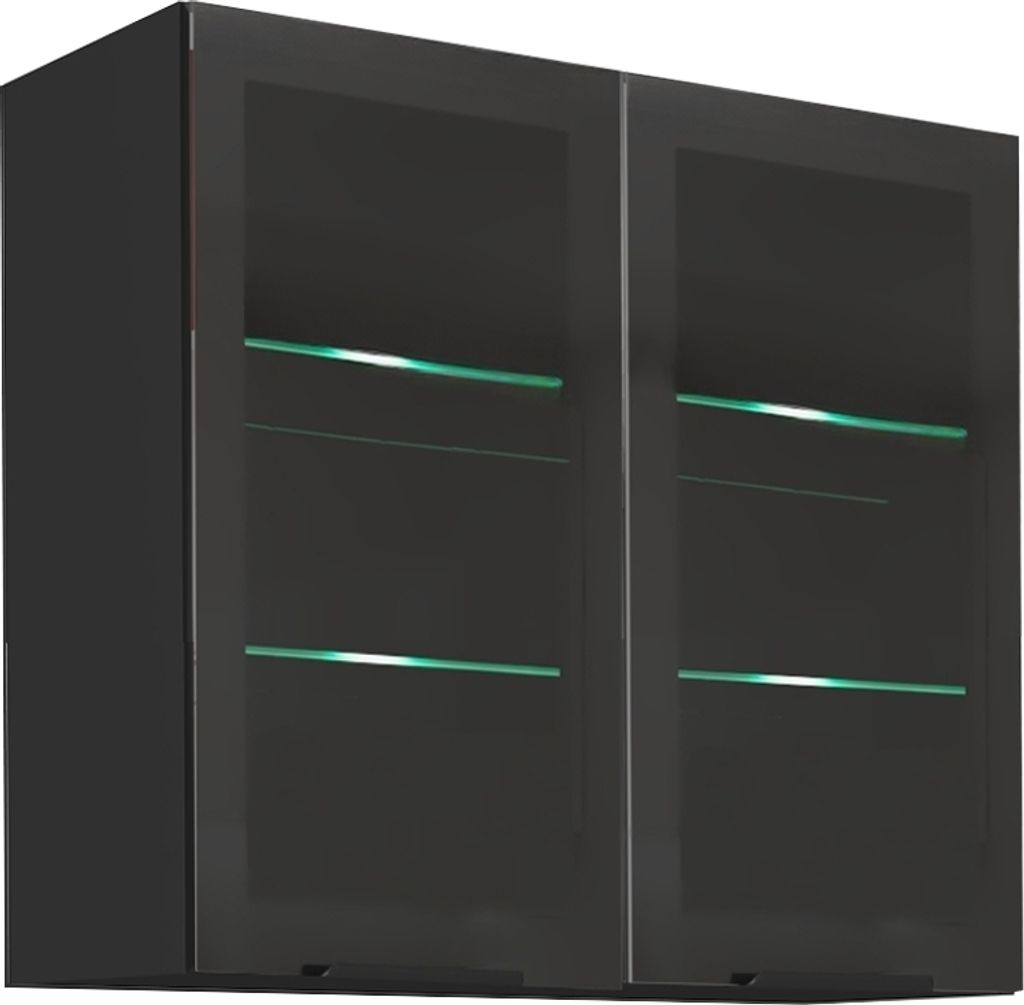 A black wall-mounted cabinet with glass doors and internal green lighting.
