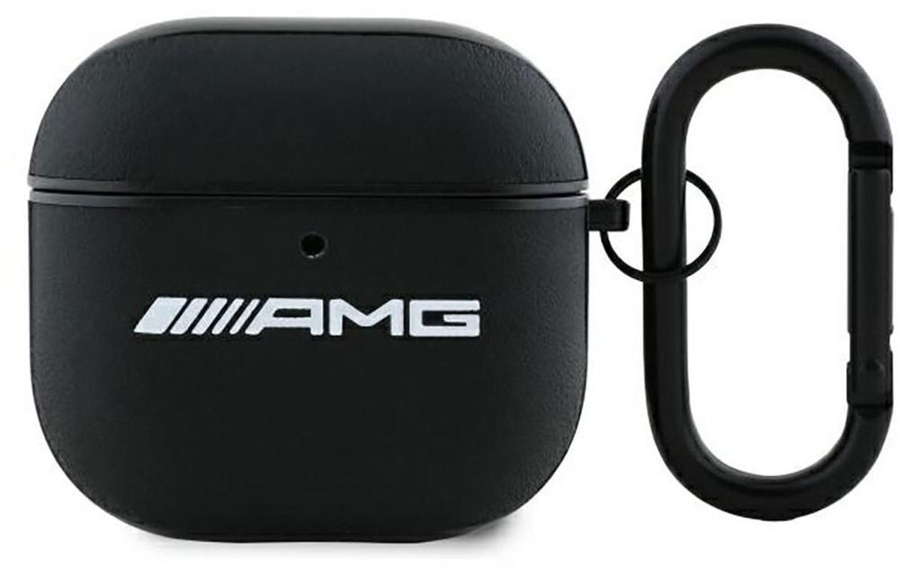 A black AirPods case with an AMG logo and a carabiner clip.