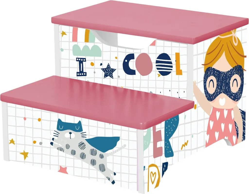Tabouret Enfant Rose Super Girl avec Marches Larges et Socle Stable