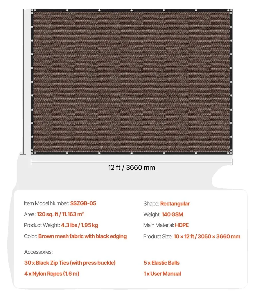 Voile solaire anti-UV 185g/m² marron 3x3,6m en HDPE durable et robuste
