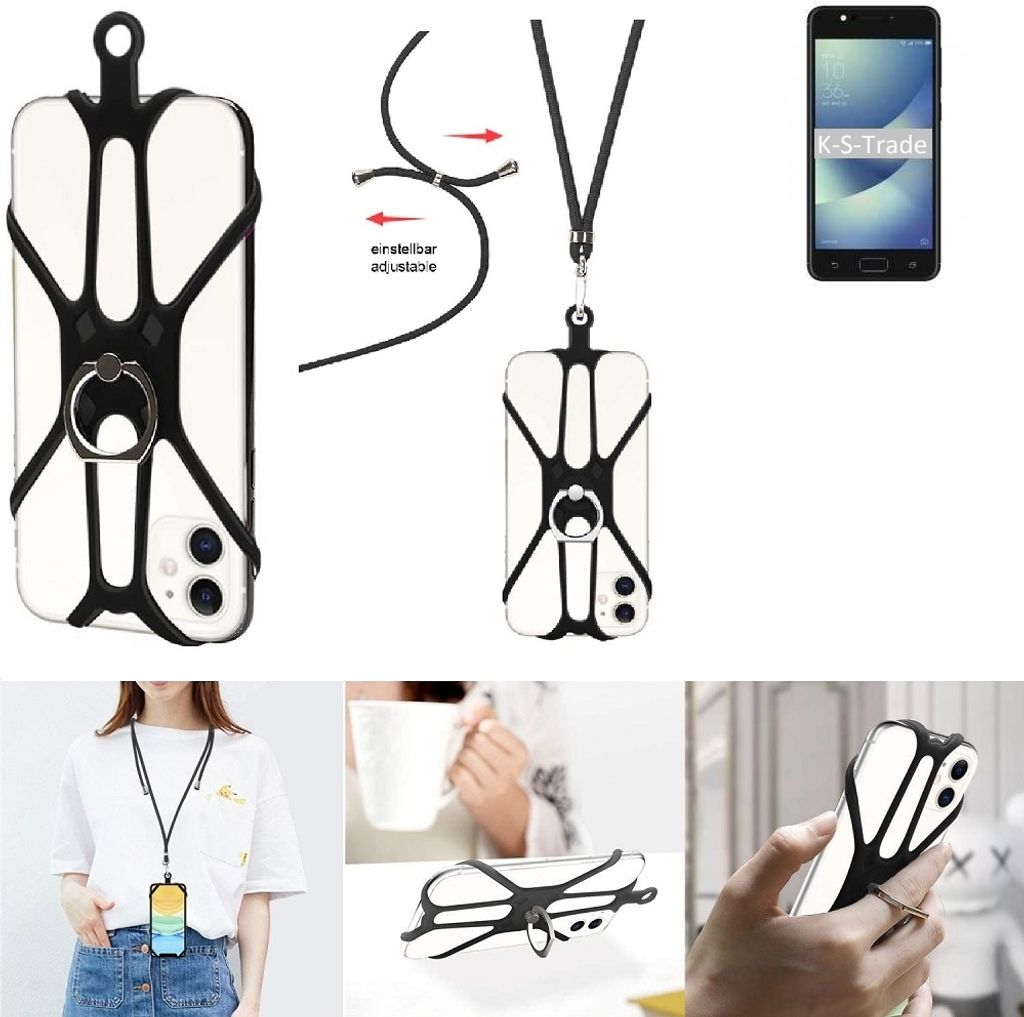 K-S-Trade 3in1 Handykette Handyband Handykordel Halsband Smartphone-Ring Handy-Ring kompatibel mit Asus ZenFone 4 Max 5.2 Zoll Fingerhalterung