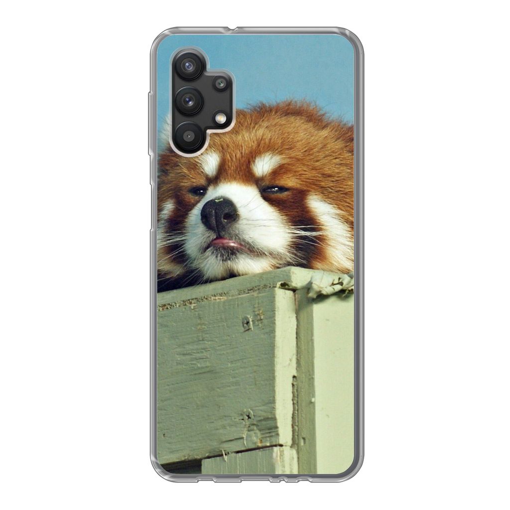 MuchoWow Handyhülle Schutzhülle Hülle für Samsung Galaxy A32 5G Panda - Holz - Rot Silikon Softcase Handy Hülle - Softcase