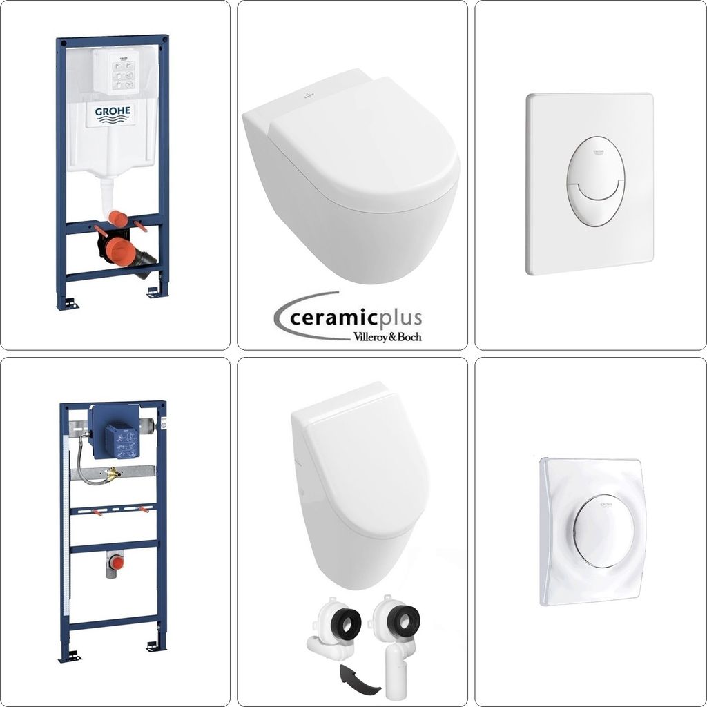 Villeroy & Boch Subway Set Urinal mit Wand WC spülrandlos, Cermic Plus Beschichtung & Grohe Zubehör, weiß