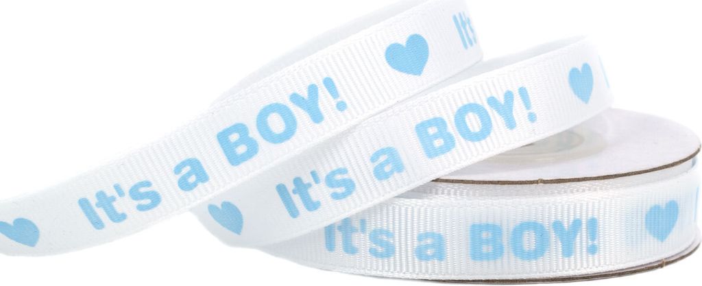 Geschenkband Baby / Its a Boy 12mm x 10m Rolle weiß / blau Produktbild 
