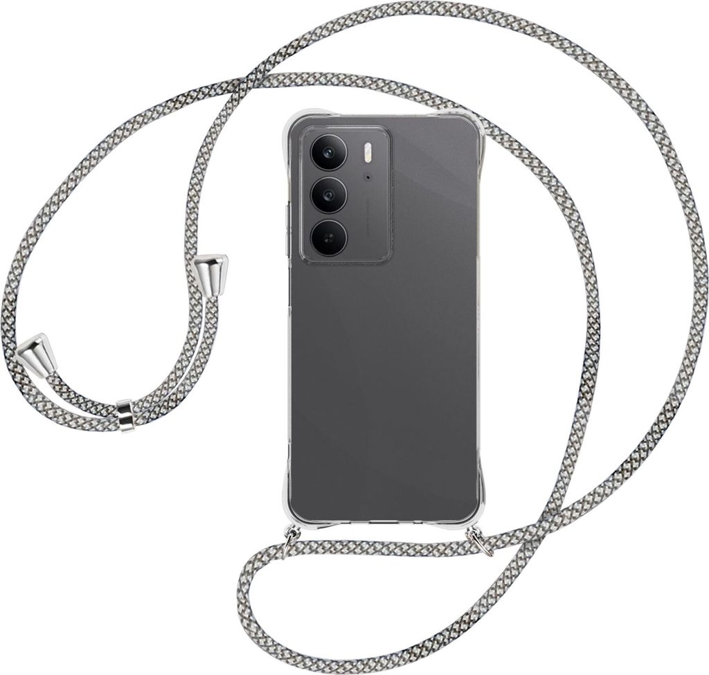 Handykette Backcover-Schutzhülle mit Band (Metall silberfarben) für Realme C75 4G - weiß/grau kariert