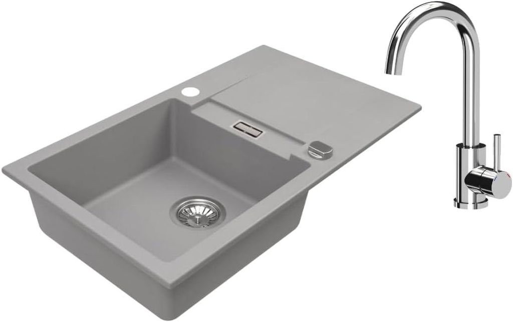 VBChome Granitspüle 76 x 44 cm Grau mit Armatur Einzelbecken Einbauspüle Reversibel Gesprenkelt Pflegeleichtes Spülbecken mit Siphon