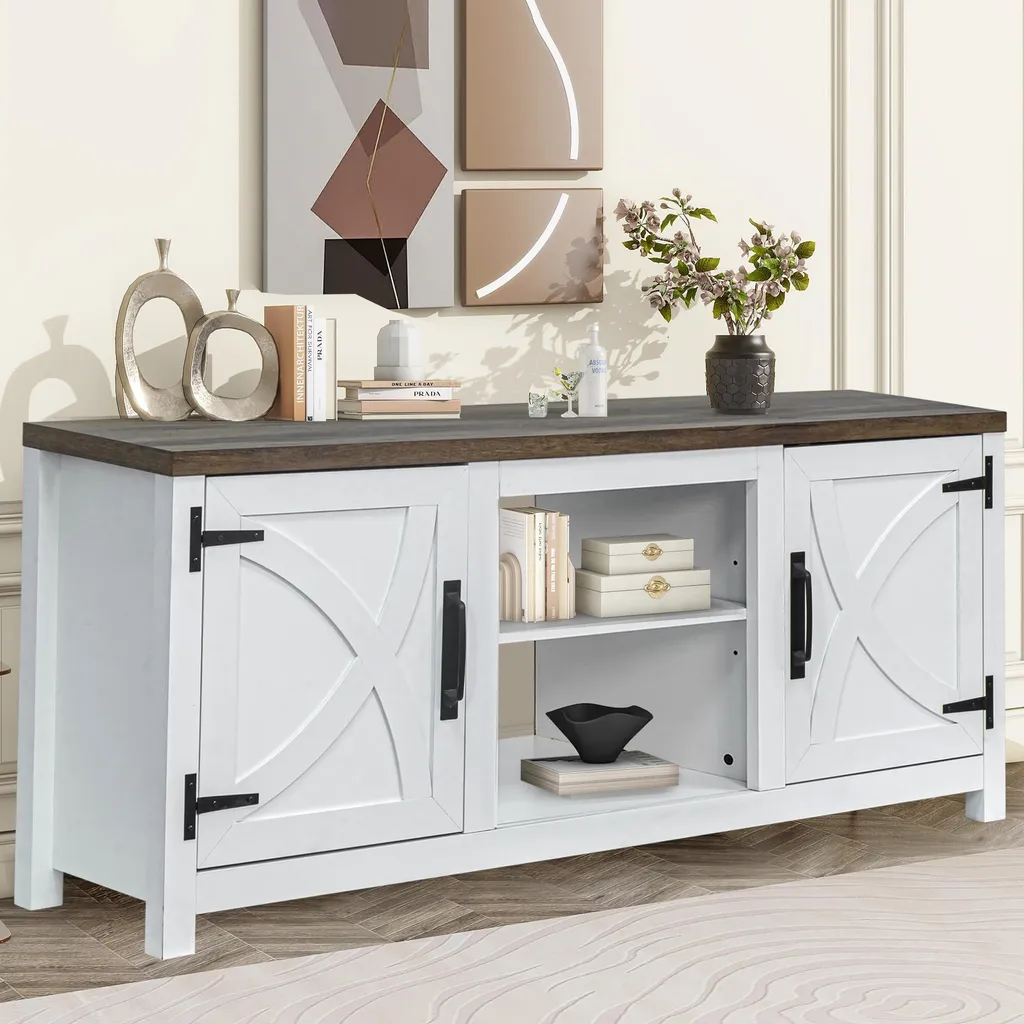 Grand Meuble TV Buffet Blanc avec Rangement Ouvert et Portes en Bois MDF