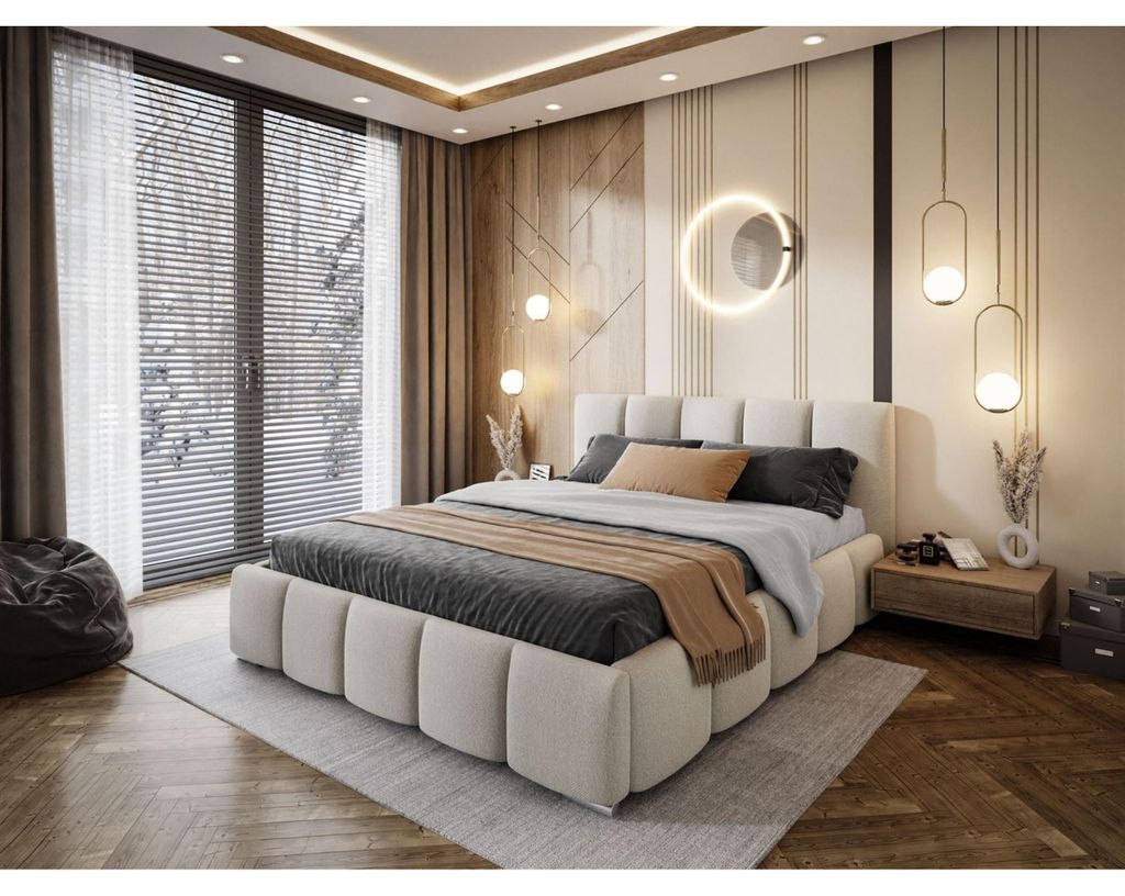 Bett mit Bettkasten fürs Schlafzimmer SORELLE Polsterbett 180 cm im Bouclé Bett mit gepolstertem Kopfteil, Größe: 180x200 cm, Farbe: Beige (leo...