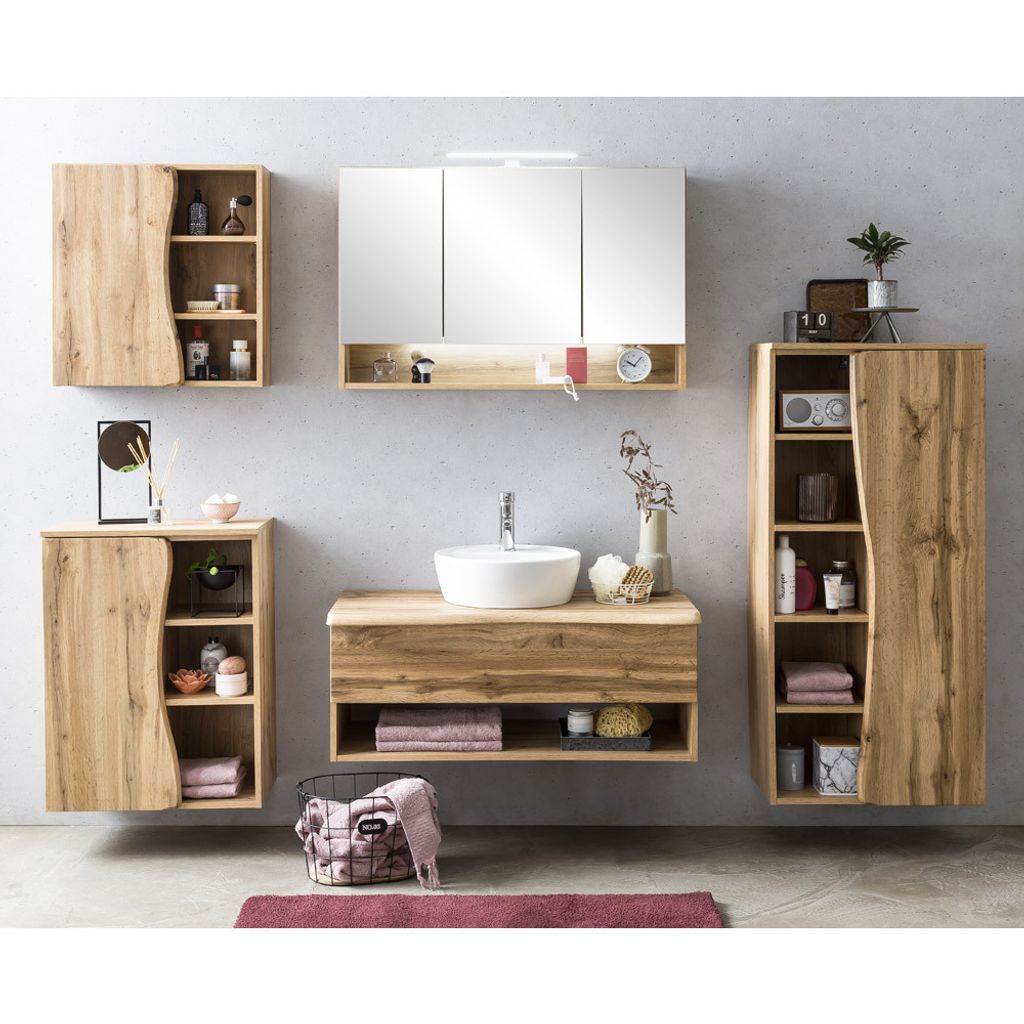 Badmöbel Set mit Aufsatzwaschbecken und LED Spiegelschrank KAHLA-03 in Wotan Eiche Nb. mit Baumkantenoptik, B/H/T: ca. 261/200/52 cm