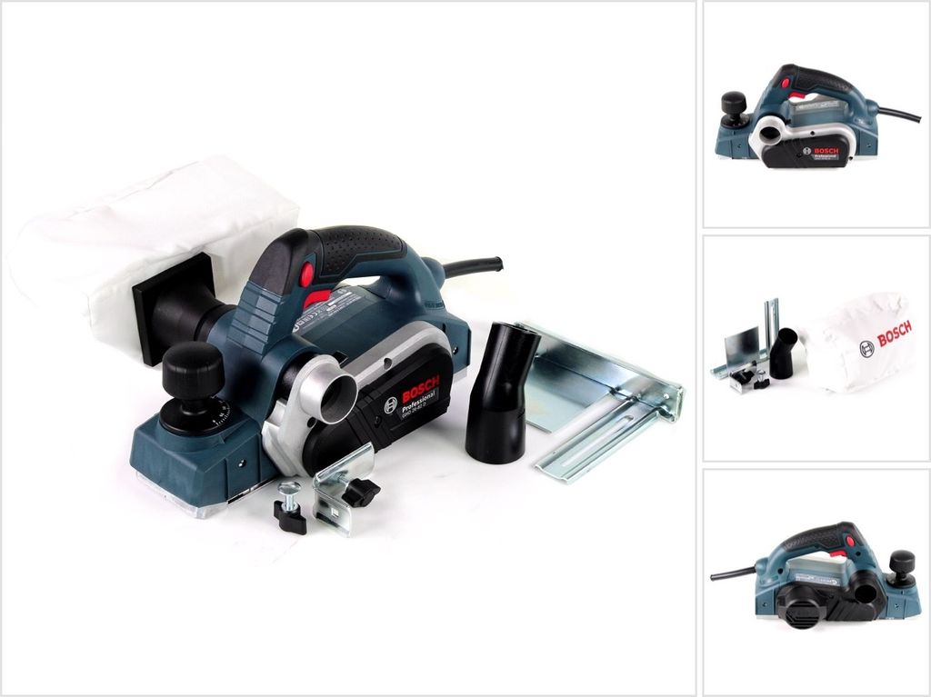 A Bosch GHO 26-82 D Professional planer is shown with accessories on a white background.