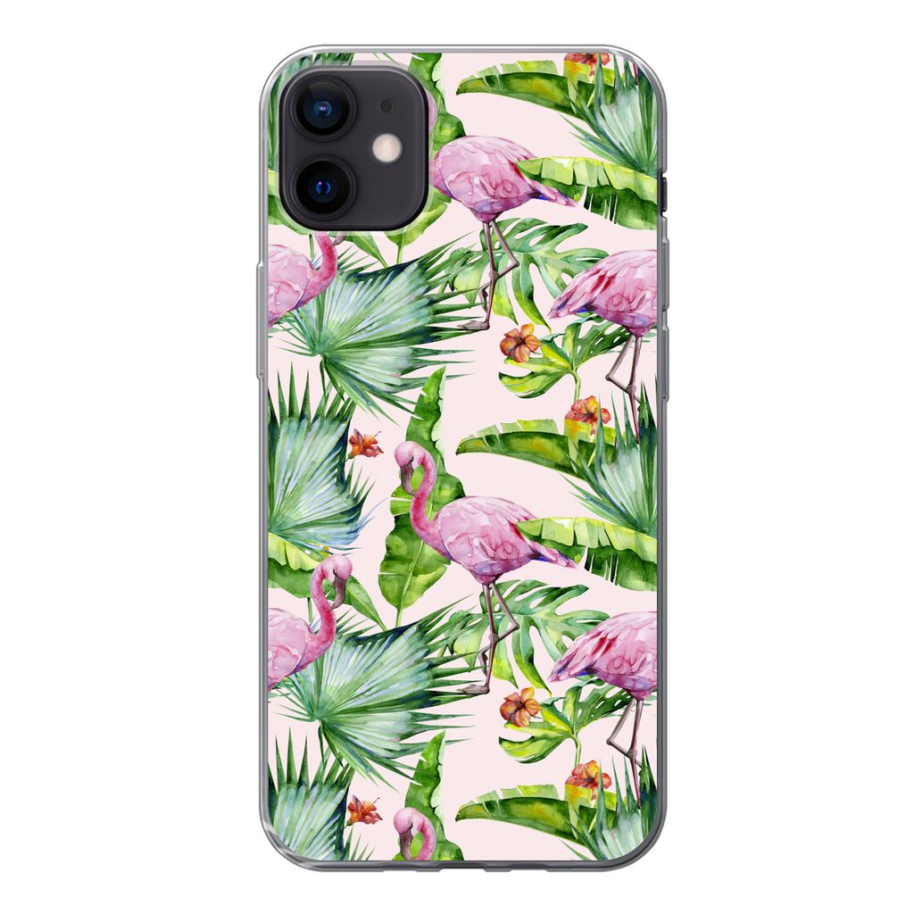 MuchoWow Handyhülle Schutzhülle Hülle für iPhone 12 mini Flamingo - Pflanzen - Muster Silikon Softcase Handy Hülle - Bild