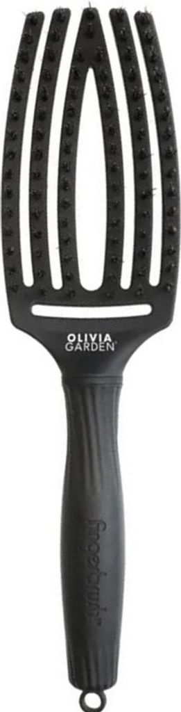 A black hairbrush with a unique finger-like design and a twisted handle, shown against a white background.
