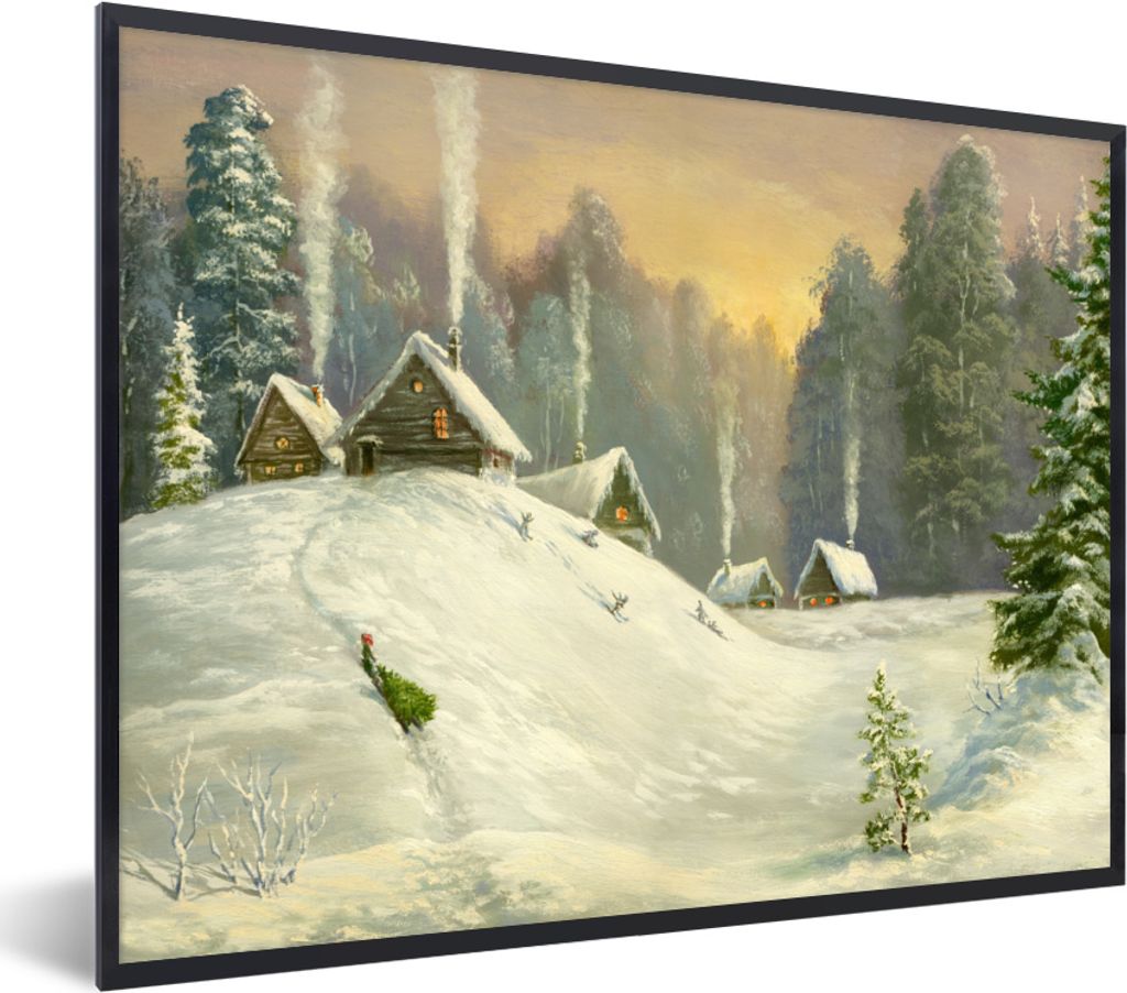 MuchoWow MuchoWow Gerahmtes Poster Winter - Landschaft - Haus - Wald 40x30 cm - Poster mit zchwarzem Bilderrahmen - Kunstposter - Wanddekorationen