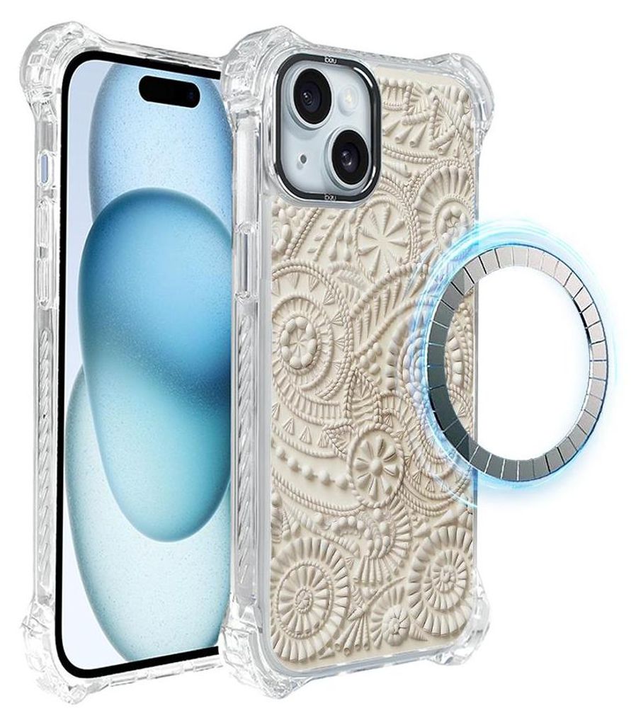 Schutzhülle für das iPhone 15 Plus, MagSafe-kompatibel, verstärkte Ecken, transparente Seiten, Sanddekoration