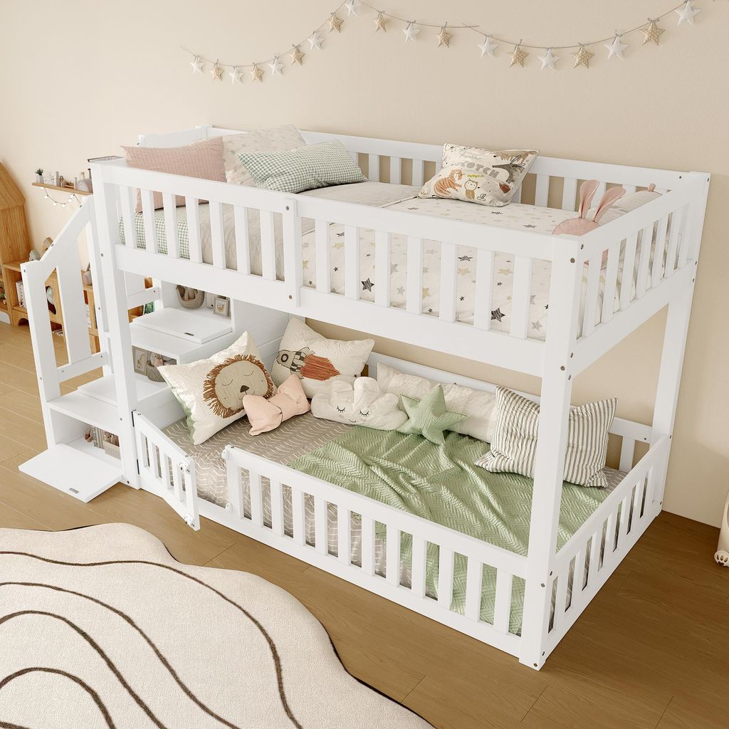 MODFU Etagenbett 90X200 mit Matratze Jugendbett mit dreistufige Leiter mit Stauraum,Bettgestell mit zwei Bett und zaunf