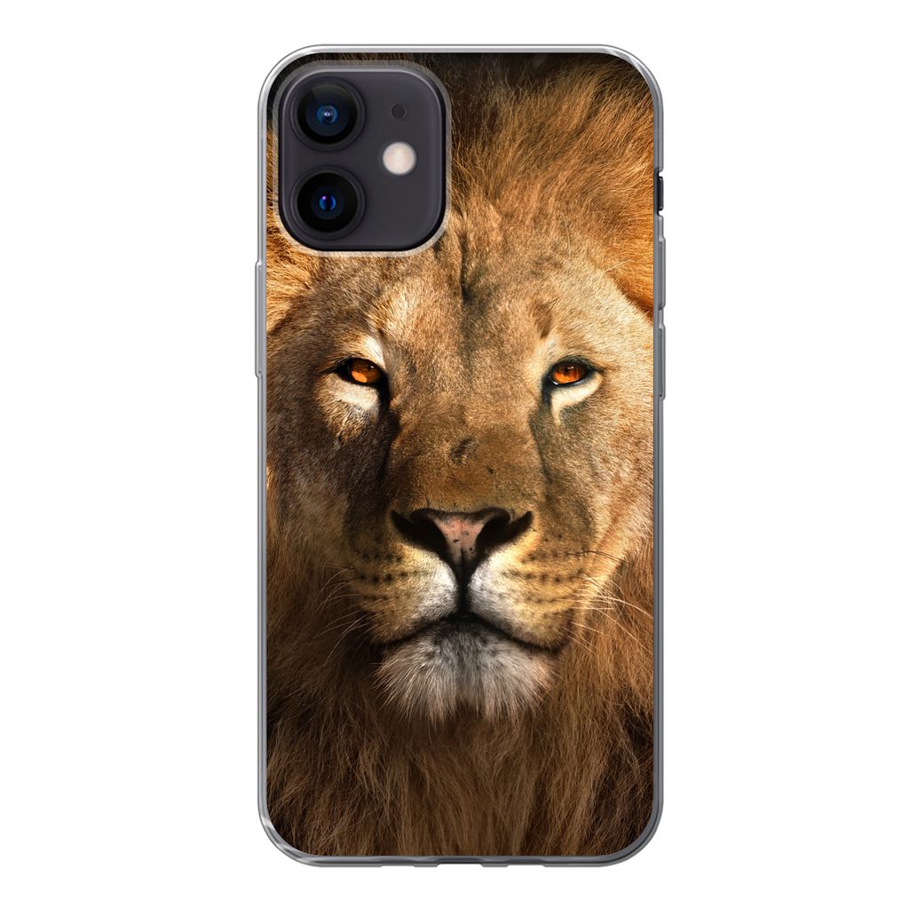 MuchoWow Handyhülle Schutzhülle Hülle für iPhone 12 Löwe - Tiere - Schwarz - Hell - Braun - Porträt Silikon Softcase Handy Hülle - Schutzh...