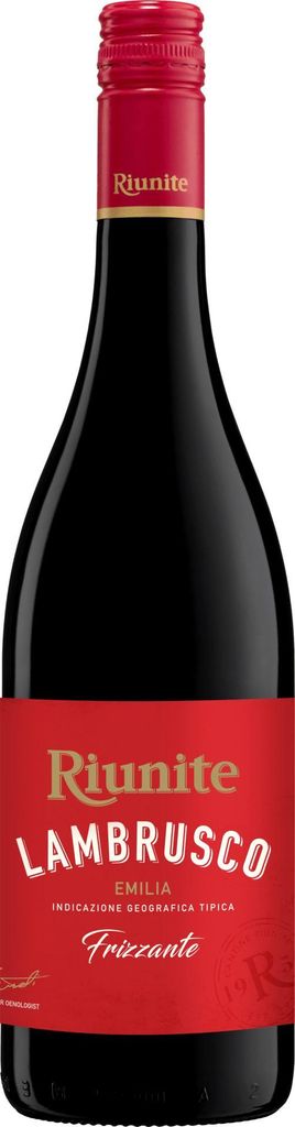 A bottle of Riunite Lambrusco wine against a white background.