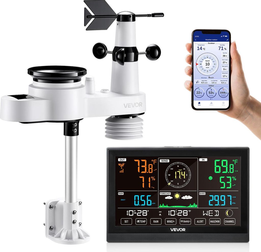 VEVOR 5-in-1-WLAN-Wetterstation, 7,5-Zoll-VA-Display, solarbetriebener Außensensor, Wettercenter zur Wettervorhersage, Windgeschwindigkeit, Windri...
