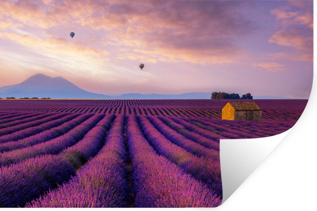 MuchoWow Wandtattoo Wandsticker Wandaufkleber Lavendel - Heißluftballon - Berg - Lila 120x80 cm Selbstklebend und Repositionierbar - Selbstklebe...
