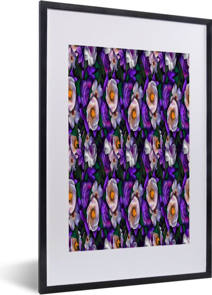 MuchoWow MuchoWow Gerahmtes Poster Blumen - Lila - Muster 40x60 cm - Poster mit zchwarzem Bilderrahmen - Poster in Rahmen