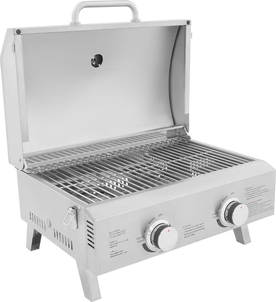 Gasgrill - Tischgrill - 2 Brenner - Edelstahl - Klappbar - Tragbar - Für Camping - Silber