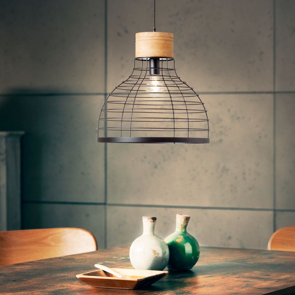 BRILLIANT moderne Pendelleuchte AVIA | Hängeleuchte mit schwarzem Schirm mit nachhaltigem Holzdetail Ø 47 cm| 1x E27 Fassung max. 52 W | Metall/Holz