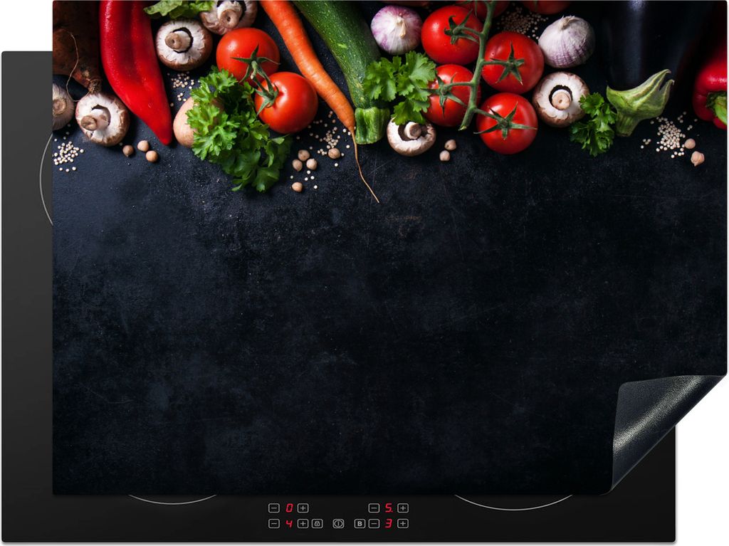 KitchenYeah Herdabdeckplatte Gemüse - Kräuter - Gewürze - Schwarz - Rustikal - Küche , 71x52cm, Küche Deko, Glaskeramikfeld Herdabdeckung, A...