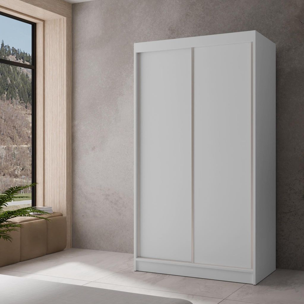 Kleiderschrank mit Schiebetüren Bergamo modernes Schiebetürenschrank mit Regale und Kleiderstange stilvoll Garderobenschrank mit LED, Farbe: Wei...