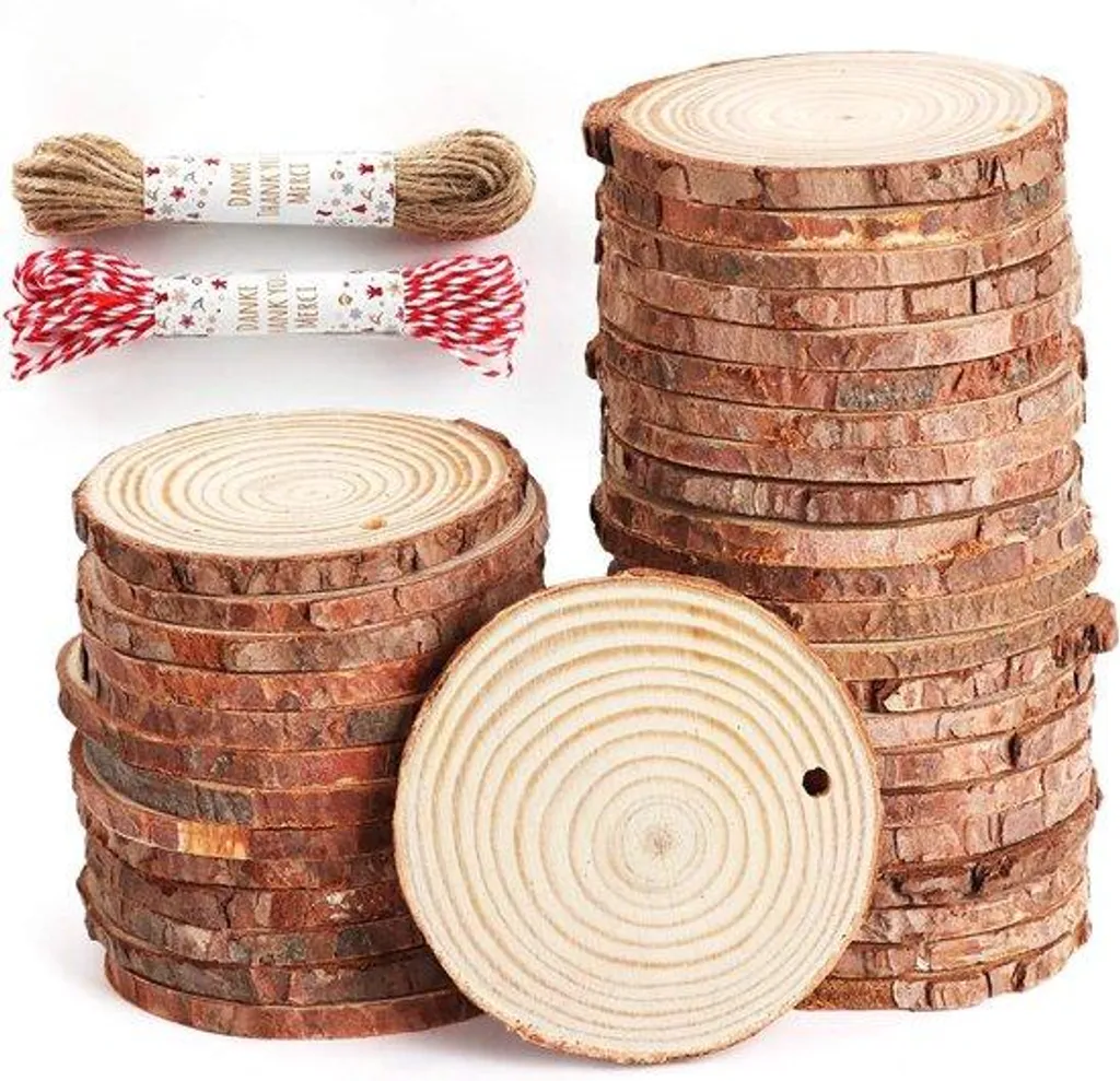Kit DIY Noël : 20 Disques en bois 6-7 cm avec trou et ficelle pour création