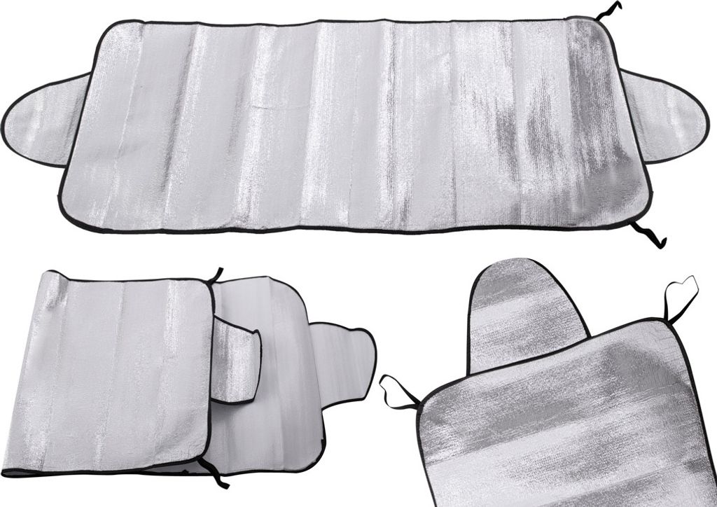 Multiple views of a silver car windshield sunshade.
