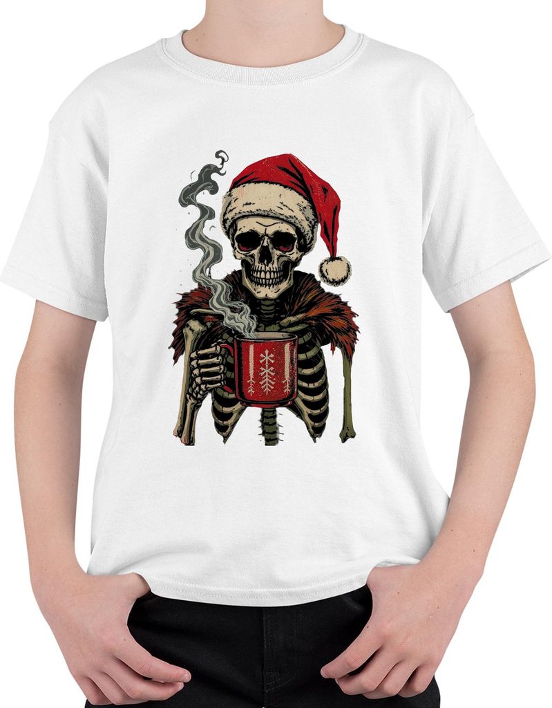 Totenkopf Santa Weihnachtsmann Skelett Becher gruselig Gothic Uni Kinder T-Shirt, Weiß, 104