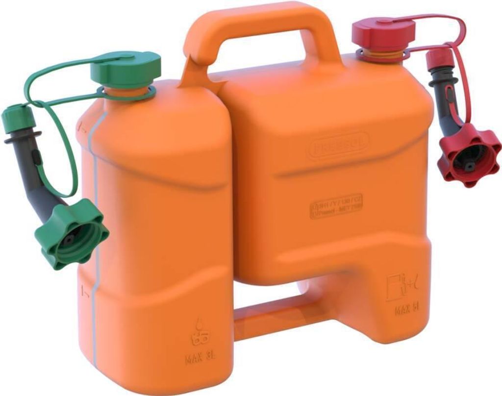 Pressol Kombi-Kraftstoffkanister-5l+3l, PE-Auslaufrohr | 5 Liter Kraftstoff | 3 Liter Kettenöl | HDPE (Polyethylen hoher Dichte) | Farbe Orange