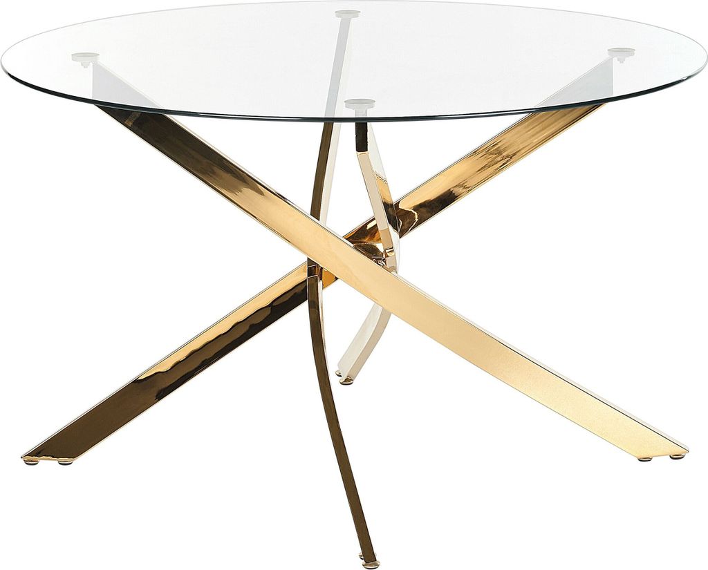 A round glass dining table with a gold metal base, photographed against a white background.