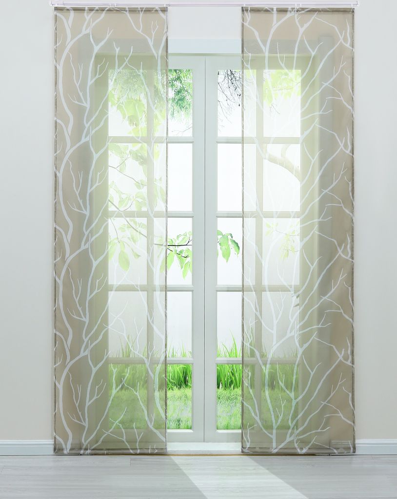 Joyswahl 2er Set Schiebegardine Flächenvorhang mit Klettband Voile Gardinen mit grauem Zweigmuster BxH 57x 175 cm Braun 2 Stück