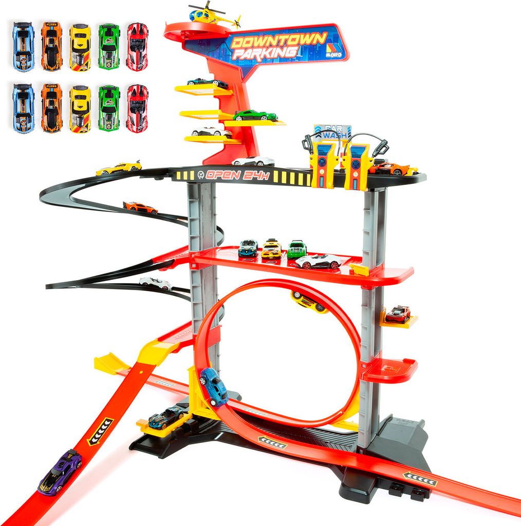 Downtown Spielzeug-Parkhaus mit 2 Etagen und 1 Looping + 10 Autos