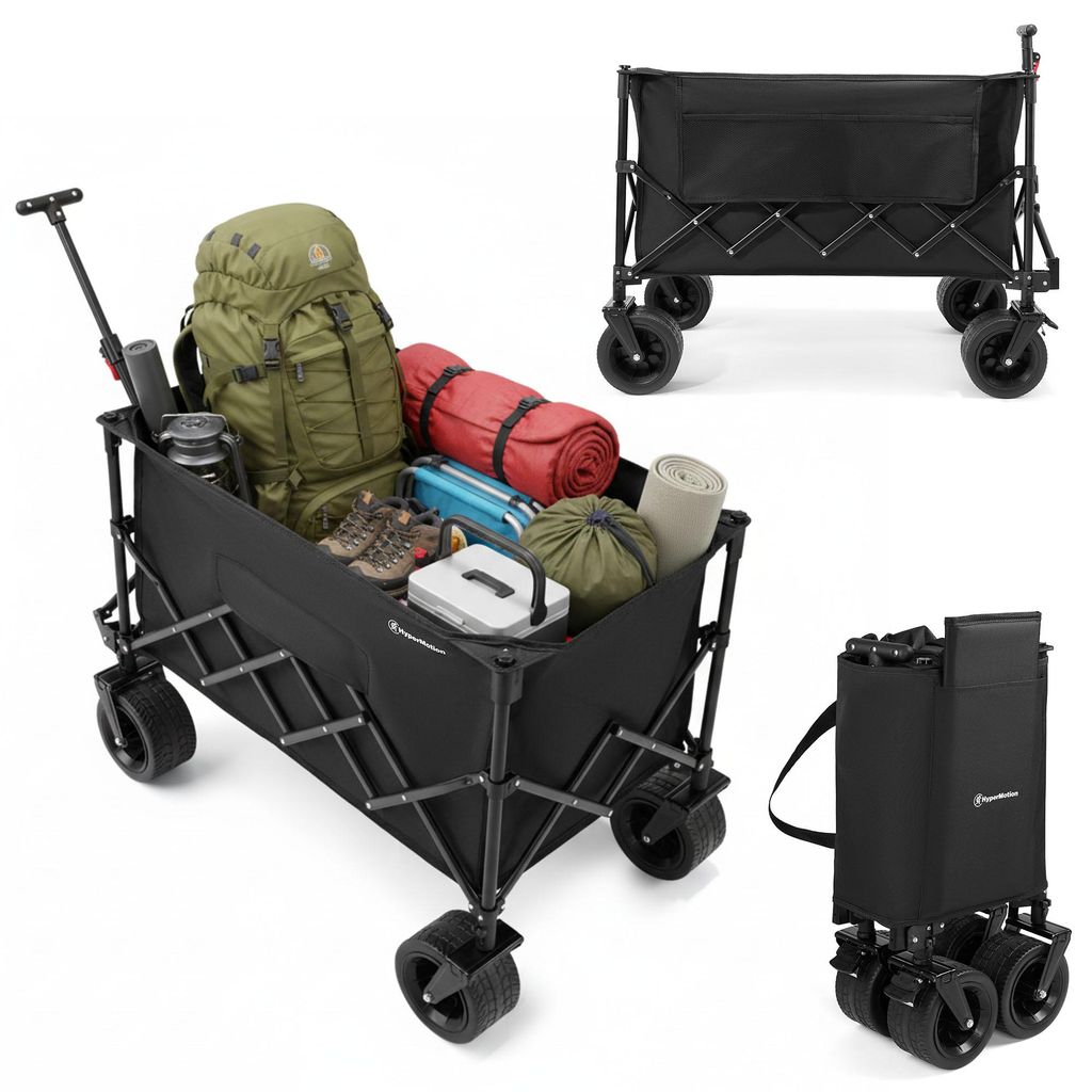 HyperMotion Bollerwagen faltbar XL 200L – Transportwagen mit großen Rädern, Campingwagen, Strandwagen bis 80 kg, schwarz