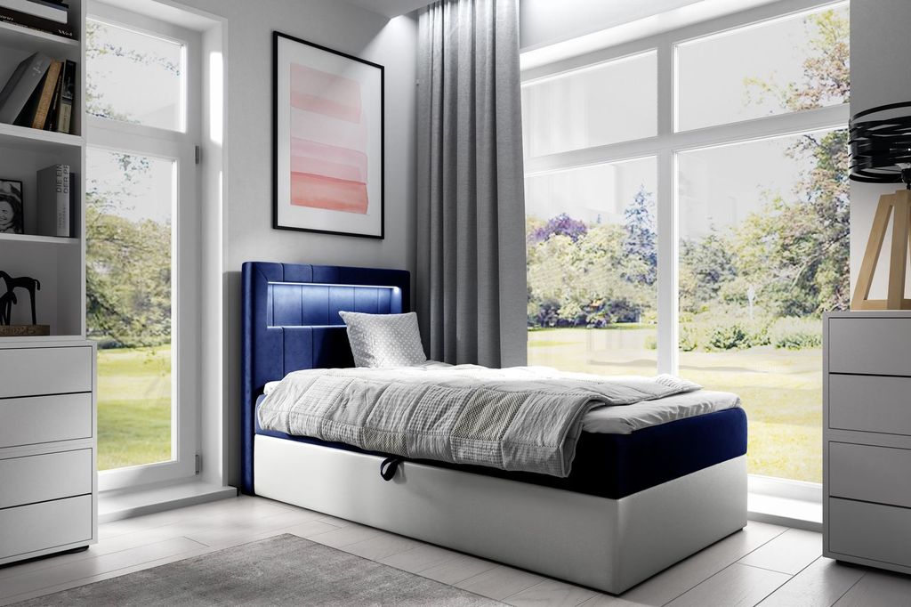 Einzelbett 100x200 KISHA 1 – dunkelblau/weiß, Öffnung rechts + GRATIS Matratzenauflage