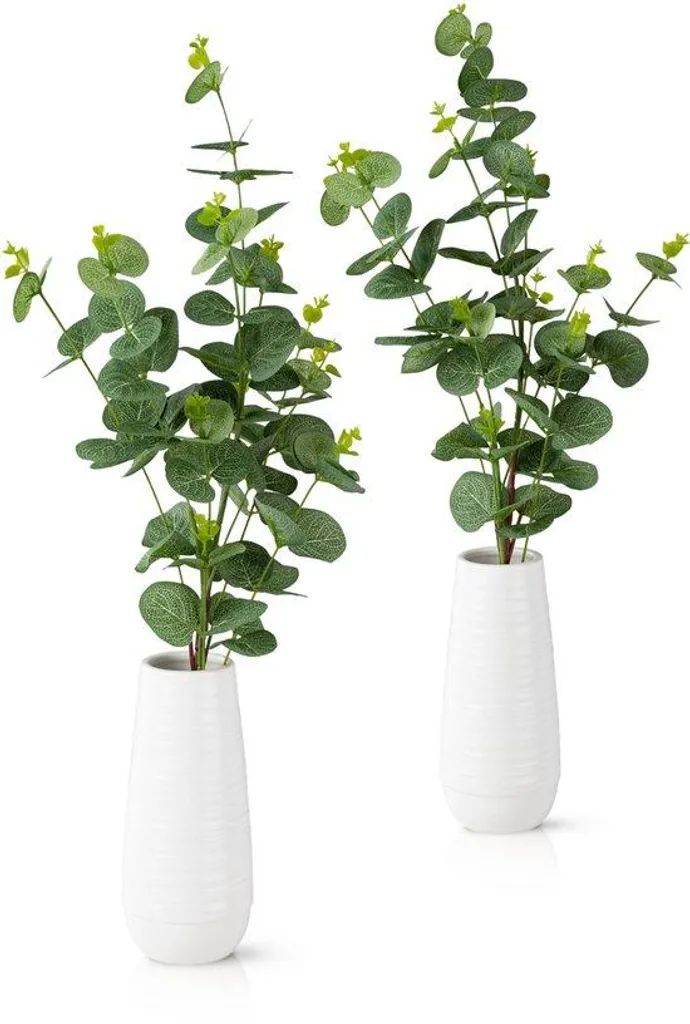 Composition florale eucalyptus artificiel et vase design blanc de 45cm