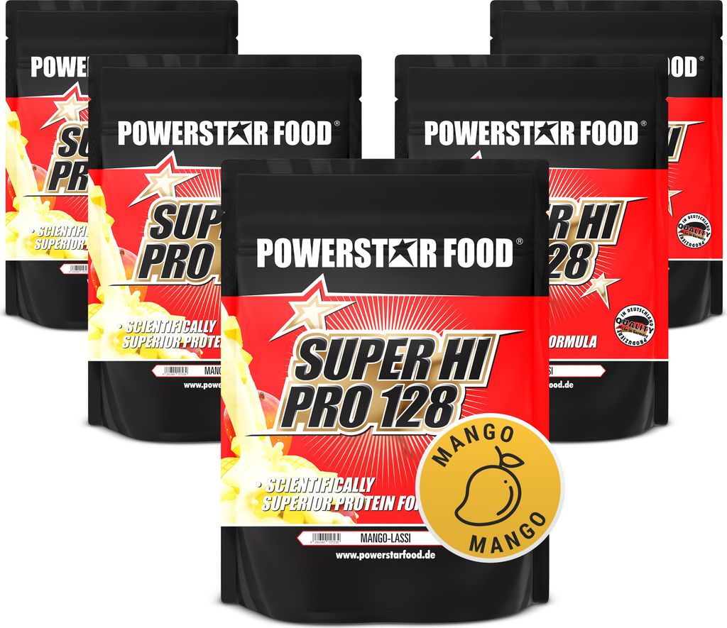 Powerstar SUPER HI PRO 128 | Mehrkomponenten Protein-Pulver 5x1kg | Höchste Biologische Wertigkeit | Protein-Shake zum Muskelaufbau | Mango