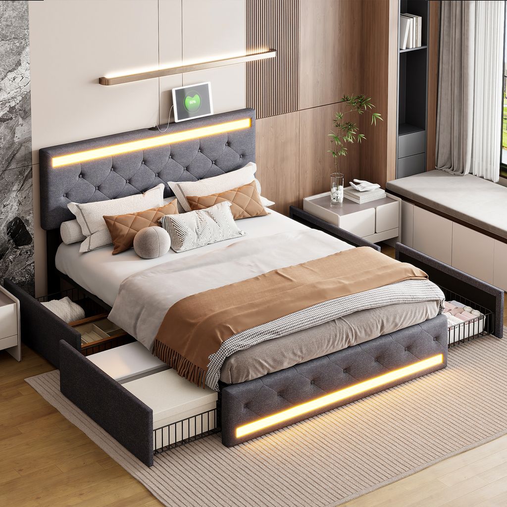 Doppelbett aus dunkelgrauem Leinen, 140 x 190 cm – integrierte LEDs, USB-/Typ-C-Anschlüsse, 4 Metallschubladen