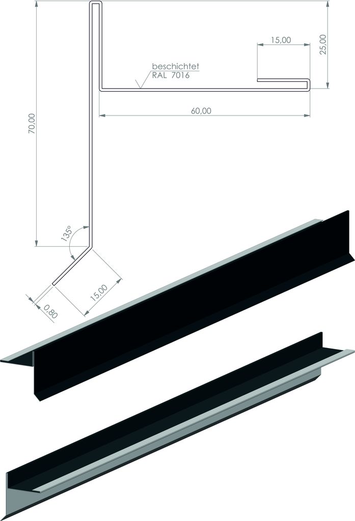 Ortblech mit Wasserfalz aus Aluminium | Anthrazit 200cm | Dachblech Giebelblech Tropfkante Winkelblech Ortgang | Satteldach Gartenhaus