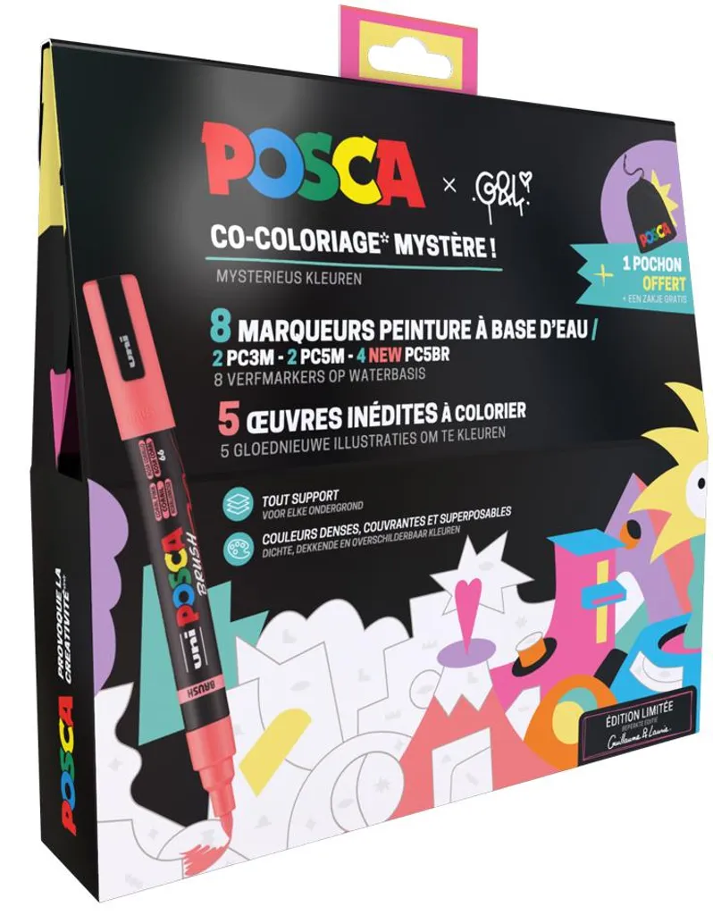 Kit POSCA Couleurs Mystérieuses : 8 Marqueurs à Pointe Fine et Dessins
