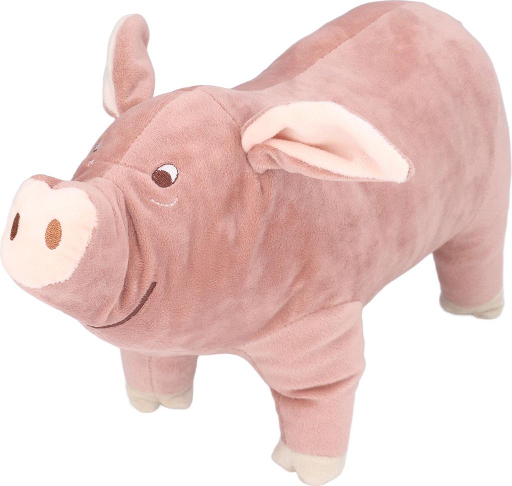 A plush toy pig on a white background.