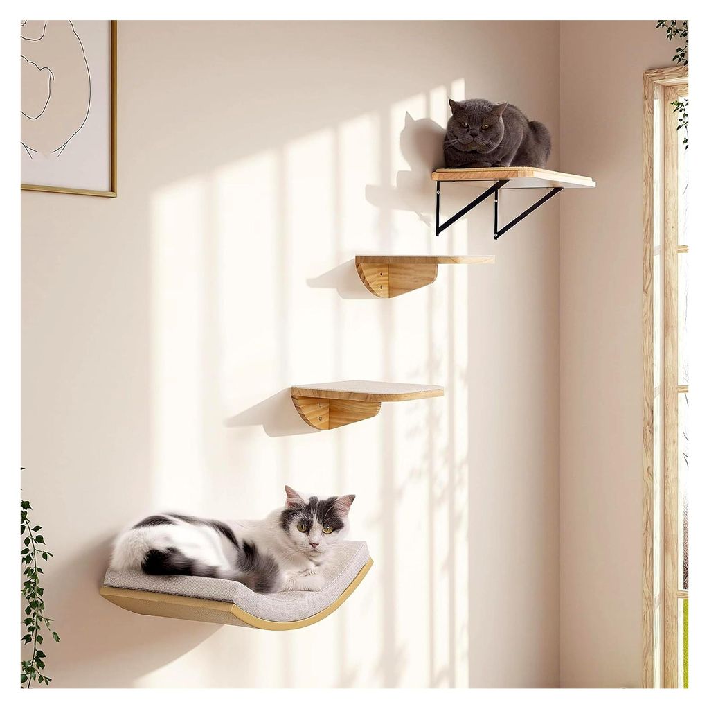 Katzentreppe Wand Set, Katzen Kletterwand mit 2 Stufen und Plattformen in quadratischer und gebogener Form, wandmontiertes Holz Katzenmöbel Set f...