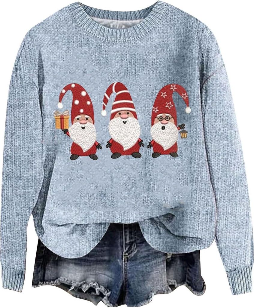 ASKSA Damen Lustige Weihnachtspullover Strickpullover Winter Rundhals Pulli Christmas Sweater Langarm Oberteile Warm Weihnachtspulli,B-Blau,2XL