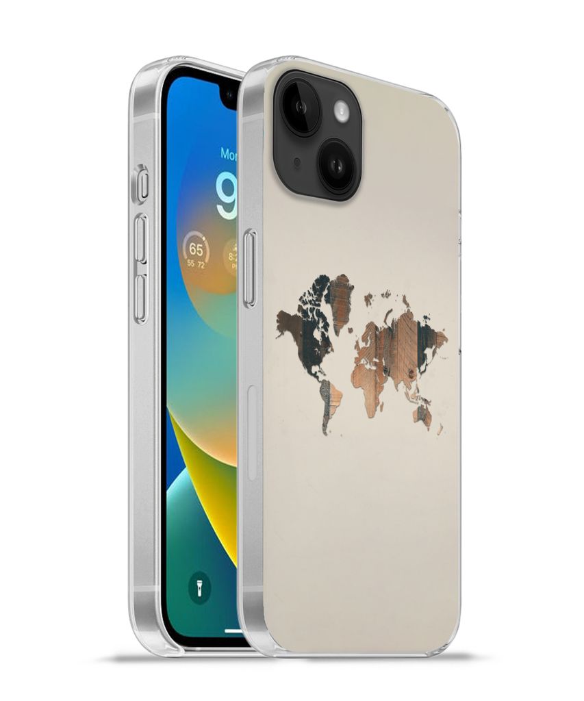 MuchoWow Handyhülle Schutzhülle Hülle für Apple iPhone 14 Plus - Soft case Weltkarte -Holz - Regal Silikon Softcase Handy Hülle - Abbildung