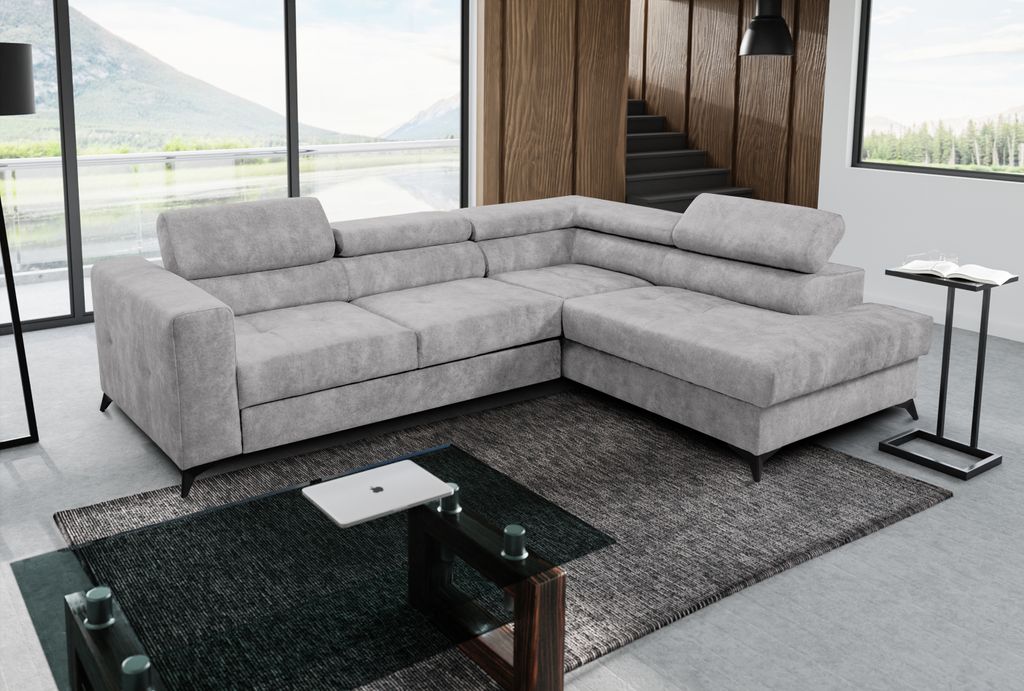 Ecksofa Palermo L-Form rechts mit Schlaffunktion Bettkasten 267 cm Lieferung bis in die Wohnung Wohnzimmer (Farbe: Sally 07 - hellgrau)