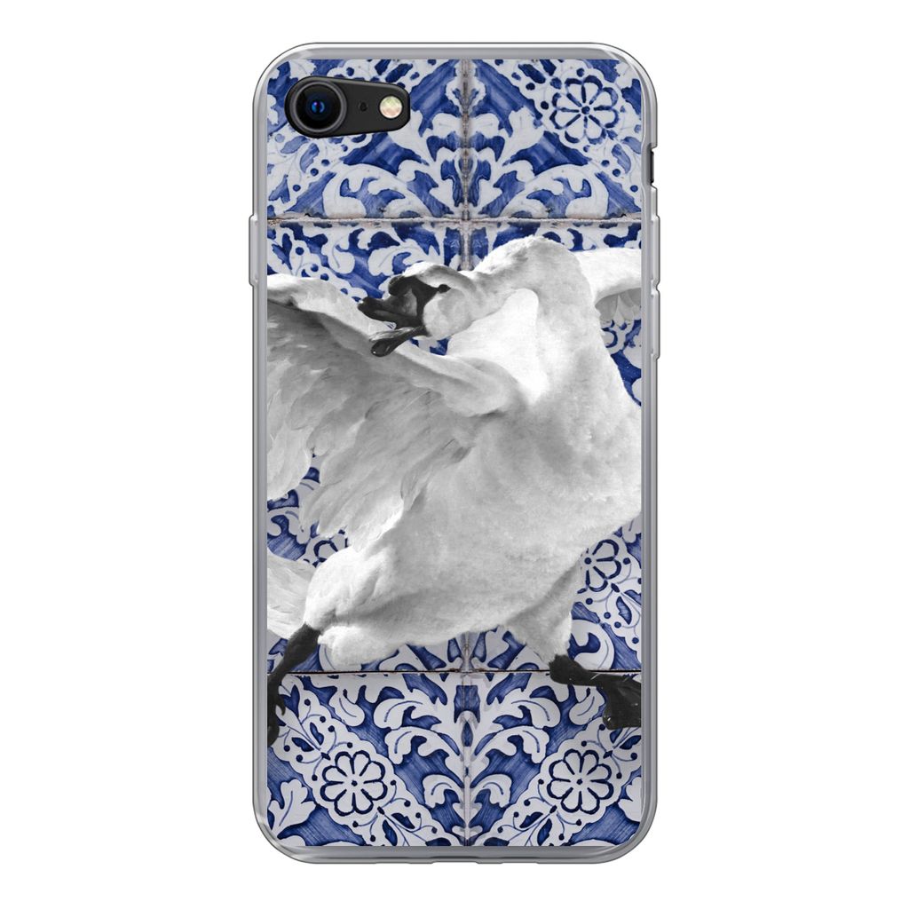 MuchoWow Handyhülle Schutzhülle Hülle für iPhone SE 2020 Schwan - Kunst - Delfter Blau - Malerei - Alte Meister Silikon Softcase Handy Hülle...