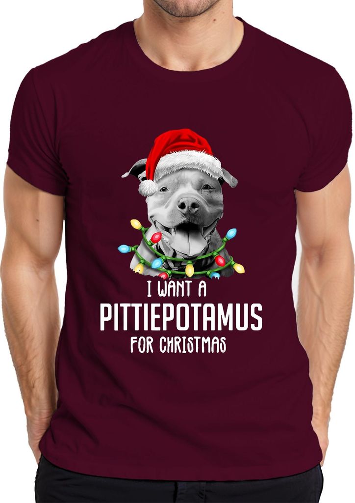 I Want A Pittiepotamus For Christmas Pitbull Santa Hat Funny Gift Herren T-Shirt, Burgundy, S